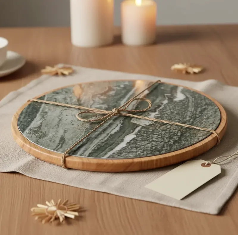 Handgefertigte Servierplatte „Amsel“ aus Eiche mit Keramikeinsatz – ideales, hochwertiges Weihnachtsgeschenk für Genießer und Designliebhaber.