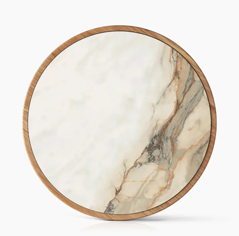 Amsel Servierbrett – Frontansicht mit Keramik „Calacatta Hermitage“, ideal zum Servieren von Käse, Torten oder Desserts