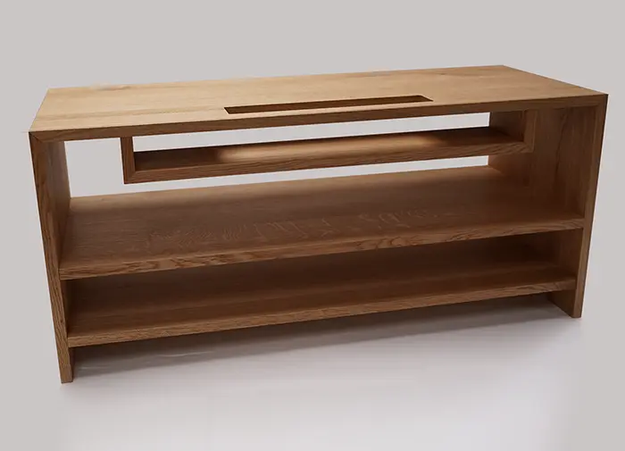 TV-Tisch aus Eiche mit Soundbarvorrichtung Maßgefertigter TV-Tisch aus Eiche mit integrierter Soundbarvorrichtung – modernes Design von holzbegabt